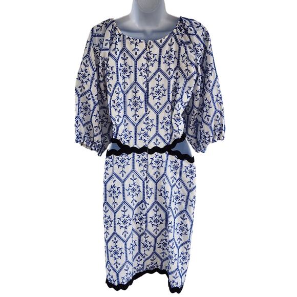 NWT H&M Blue White Embroidered Floral Eyelet Black RicRac Cutout Waist Dress XXL - Picture 6 of 8